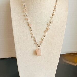 Rose Quartz Chip Necklace w Rectangular Pendant 17-19”